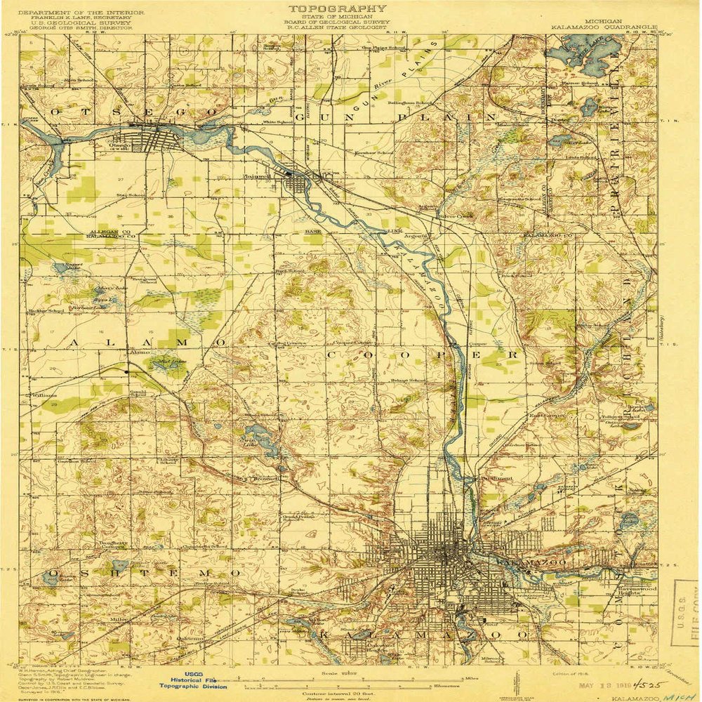 YellowMaps Kalamazoo MI topo map, 1:62500 Scale, 15 X 15 Minute, Historical, 1918, 19.5 x 14.3 in - Tyvek