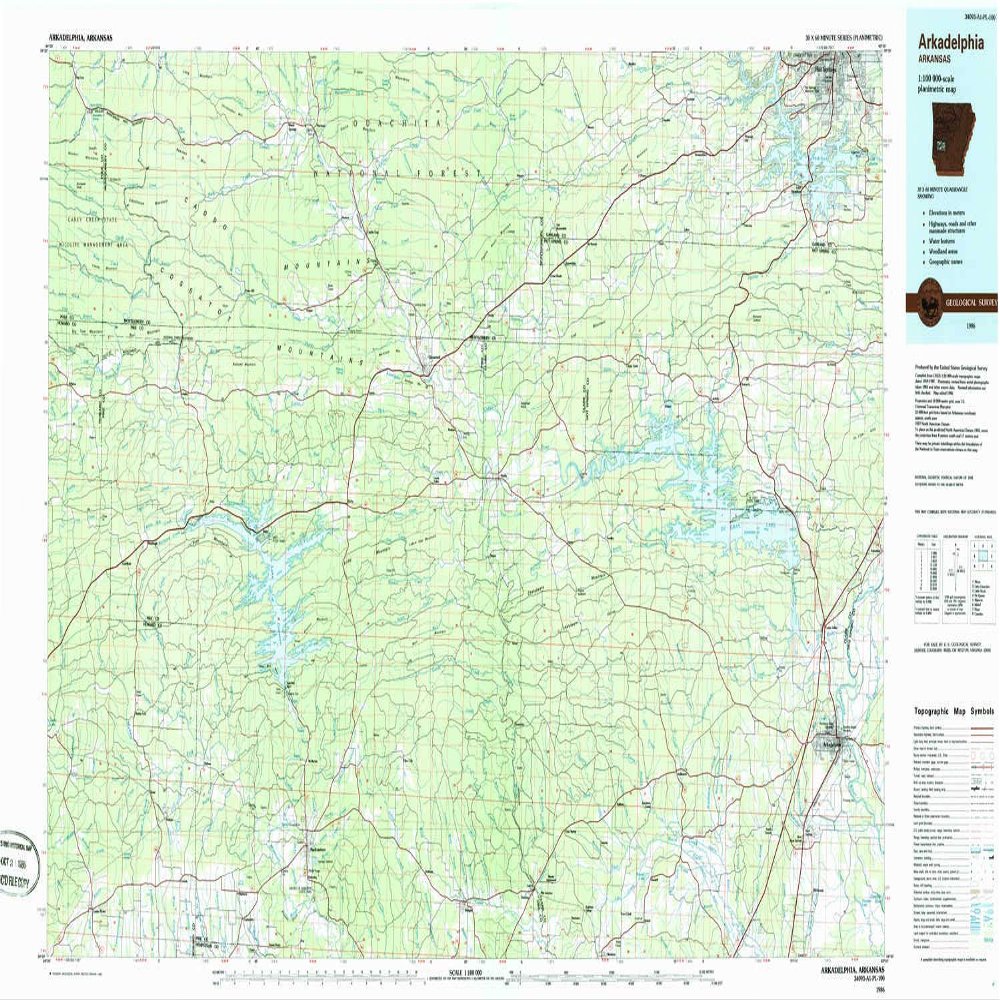 YellowMaps Arkadelphia AR topo map, 1:100000 Scale, 30 X 60 Minute, Historical, 1986, Updated 1986, 24.1 x 43.4 in - Polypropylene