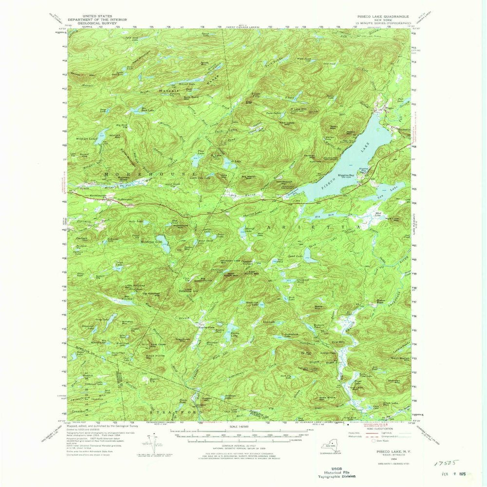 YellowMaps Piseco Lake NY topo map, 1:62500 Scale, 15 X 15 Minute, Historical, 1954, Updated 1975, 21.7 x 18.1 in - Tyvek