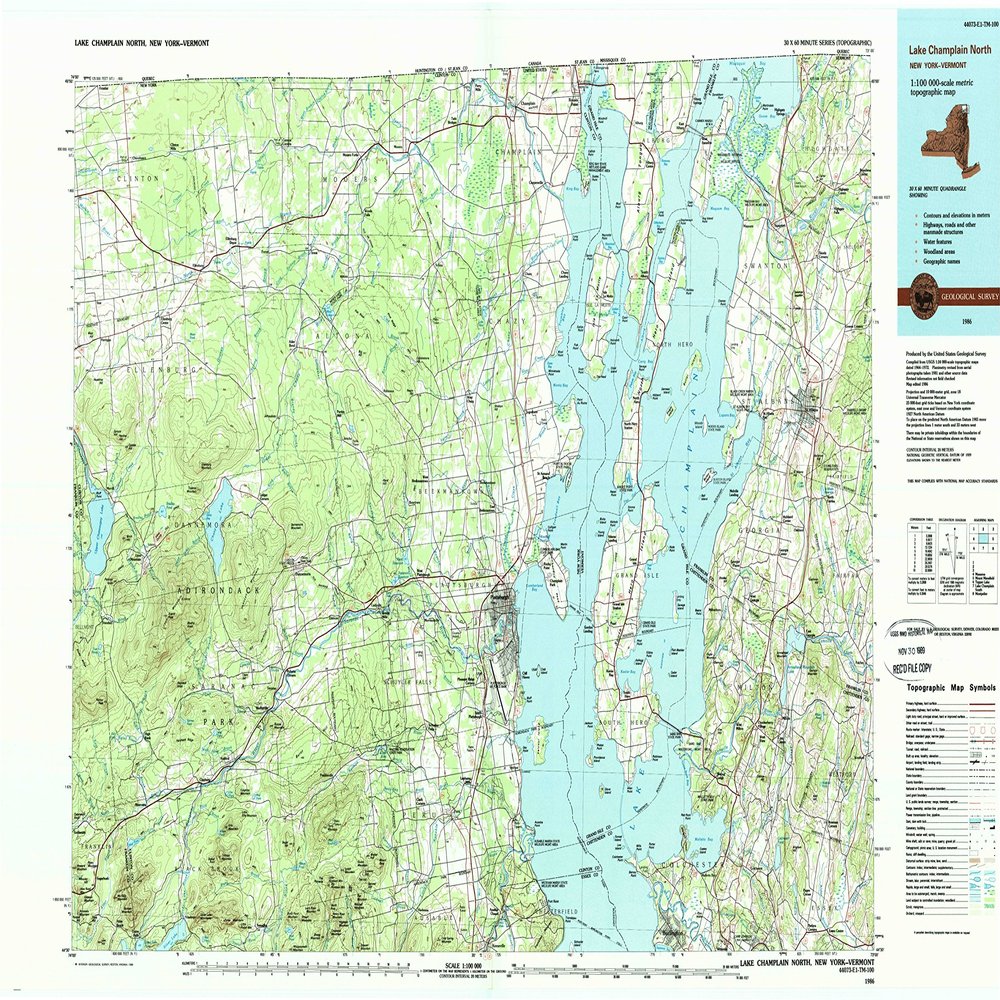 YellowMaps Lake Champlain North NY topo map, 1:100000 Scale, 30 X 60 Minute, Historical, 1986, Updated 1989, 25.1 x 39.1 in - Polypropylene