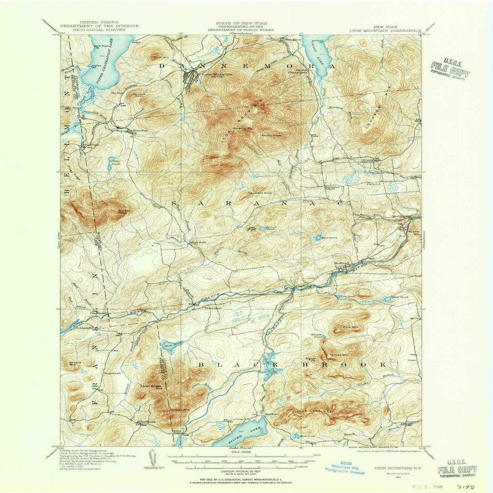 YellowMaps Lyon Mountain NY topo map, 1:62500 Scale, 15 X 15 Minute, Historical, 1911, Updated 1956, 20.9 x 17.1 in - Tyvek
