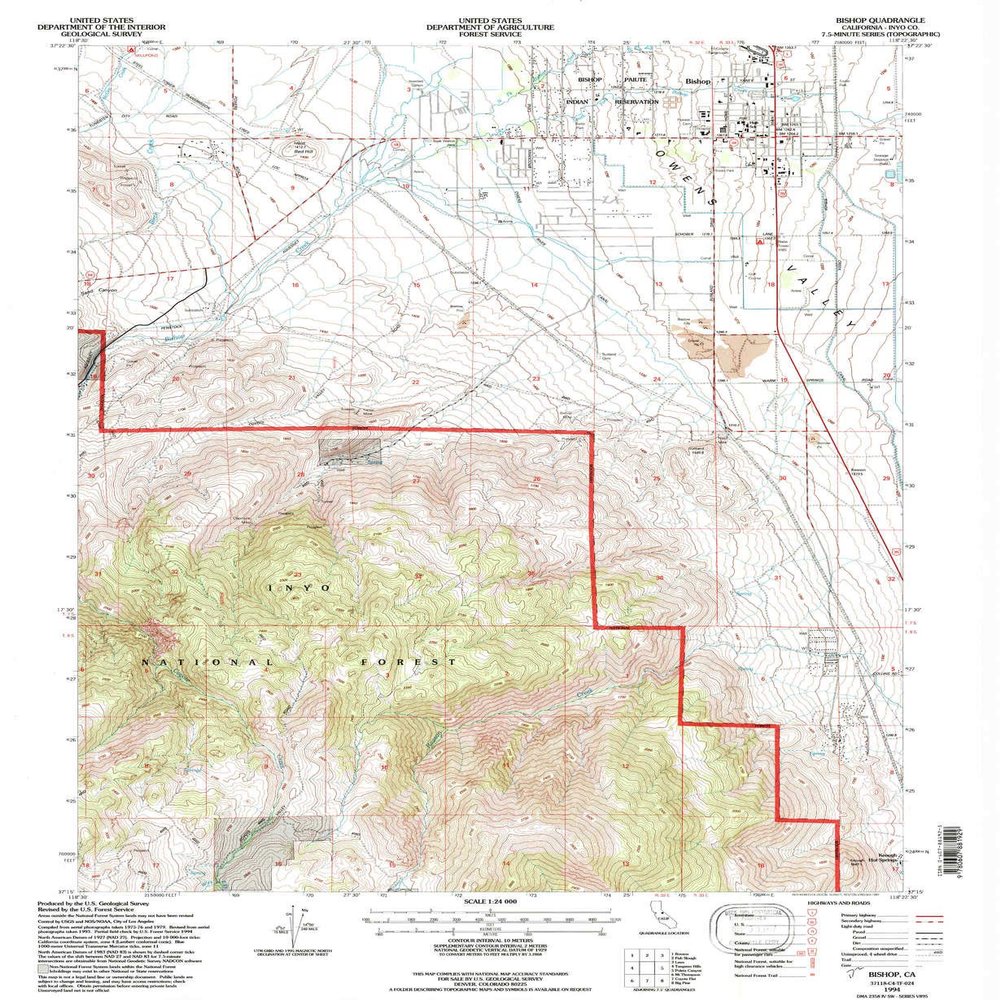 YellowMaps Bishop CA topo map, 1:24000 Scale, 7.5 X 7.5 Minute, Historical, 1994, Updated 1997, 26.8 x 21.9 in - Polypropylene
