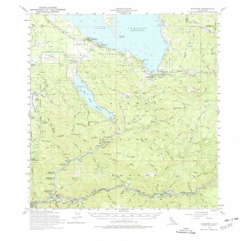 YellowMaps Almanor CA topo map, 1:62500 Scale, 15 X 15 Minute, Historical, 1955, Updated 1978, 21.7 x 17.3 in - Polypropylene