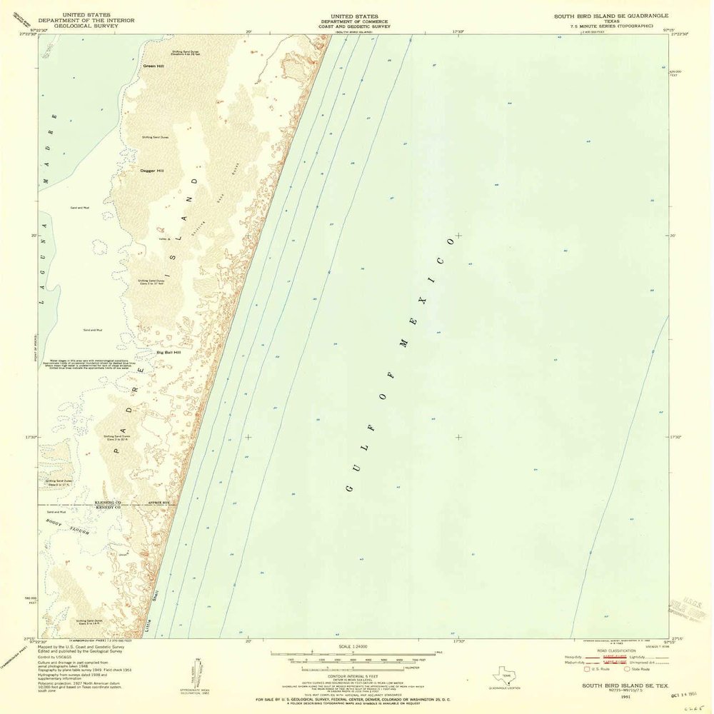 YellowMaps South Bird Island SE TX topo map, 1:24000 Scale, 7.5 X 7.5 Minute, Historical, 1951, Updated 1955, 26.8 x 23 in - Tyvek