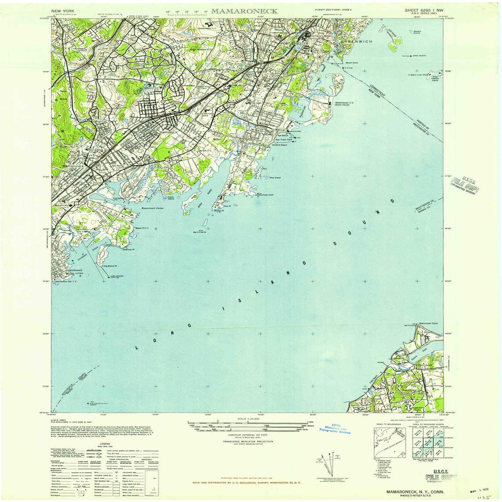 YellowMaps Mamaroneck NY topo map, 1:24000 Scale, 7.5 X 7.5 Minute, Historical, 1947, 28.9 x 22.1 in - Tyvek