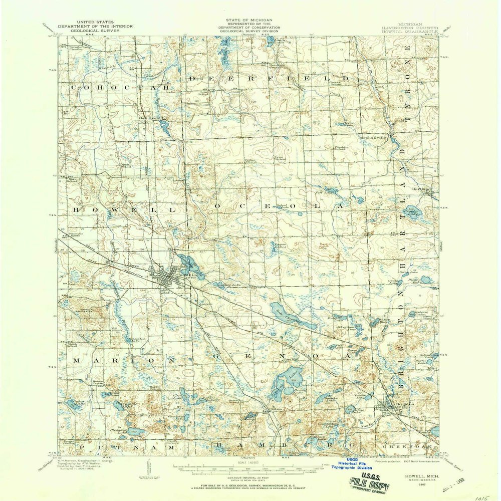 Howell MI topo map, 1:62500 Scale, 15 X 15 Minute, Historical, 1907, Updated 1959, 20.9 x 17 in - Tyvek