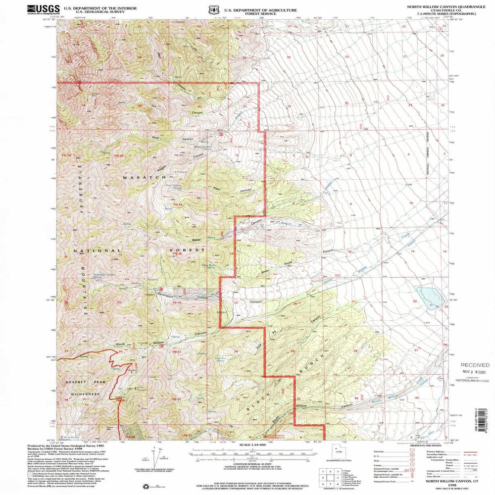 North Willow Canyon UT topo map, 1:24000 Scale, 7.5 X 7.5 Minute, Historical, 1998, Updated 2001, 26.6 x 21.8 in - Polypropylene