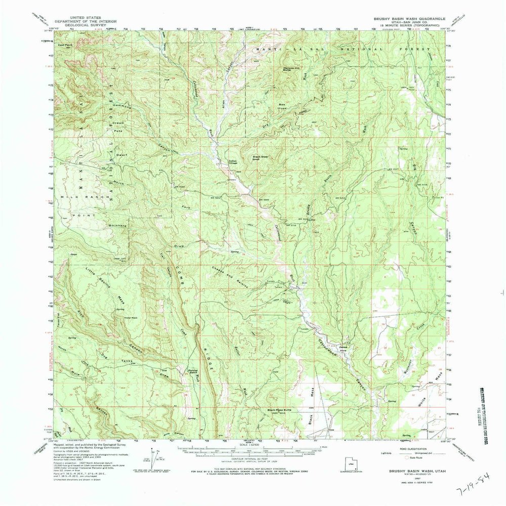 YellowMaps Brushy Basin Wash UT topo map, 1:62500 Scale, 15 X 15 Minute, Historical, 1957, Updated 1984, 21.7 x 18 in - Polypropylene