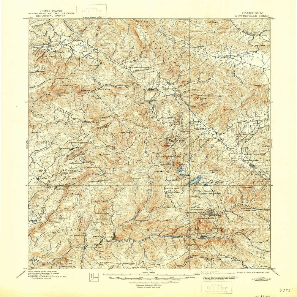 YellowMaps Downieville CA topo map, 1:125000 Scale, 30 X 30 Minute, Historical, 1897, Updated 1946, 20.7 x 16.6 in - Polypropylene