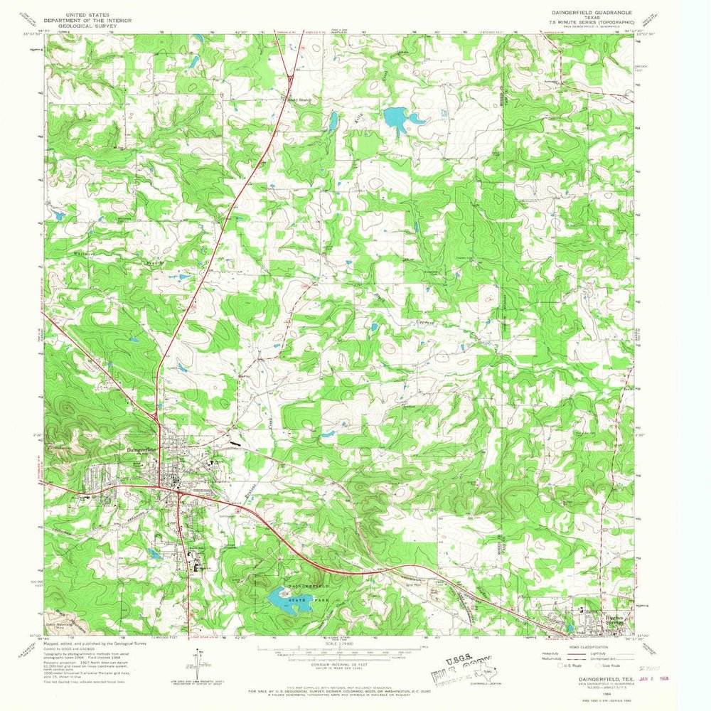YellowMaps Daingerfield TX topo map, 1:24000 Scale, 7.5 X 7.5 Minute, Historical, 1964, Updated 1967, 26.9 x 23.1 in - Polypropylene