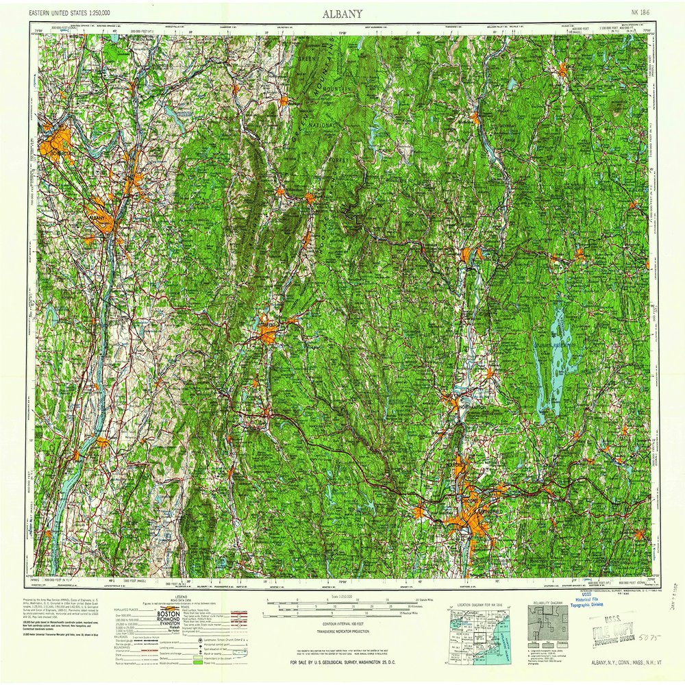 YellowMaps Albany NY topo map, 1:250000 Scale, 1 X 2 Degree, Historical, 1962, 22.1 x 29.2 in - Polypropylene