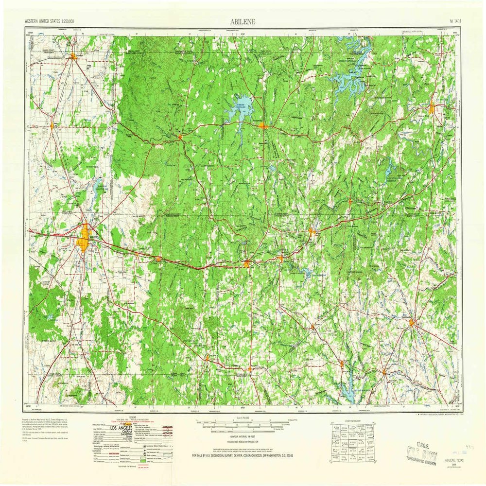 YellowMaps Abilene TX topo map, 1:250000 Scale, 1 X 2 Degree, Historical, 1954, Updated 1966, 23 x 33.7 in - Tyvek