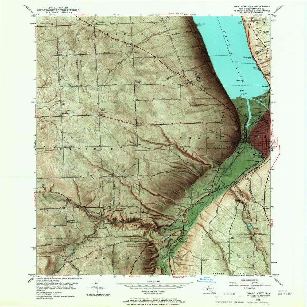 YellowMaps Ithaca West NY topo map, 1:24000 Scale, 7.5 X 7.5 Minute, Historical, 1949, Updated 1967, 26.9 x 22.1 in - Tyvek