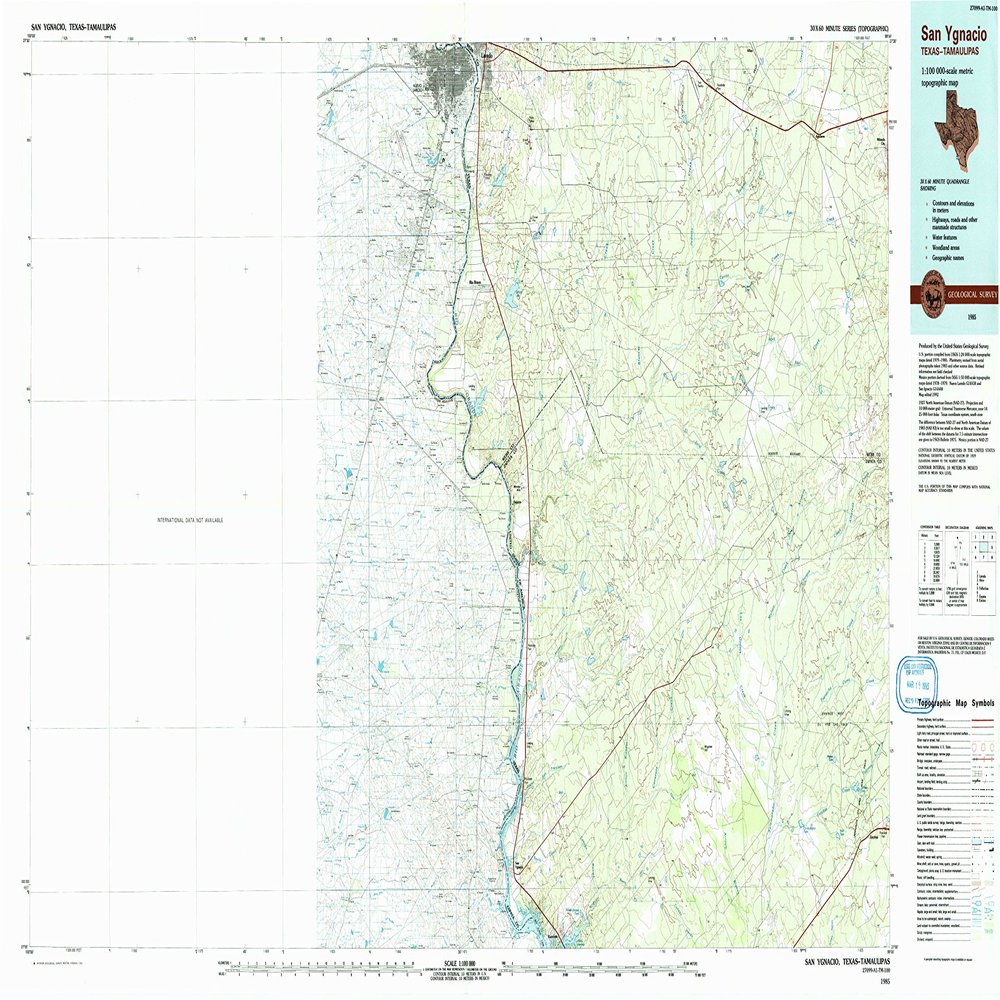 YellowMaps San Ygnacio TX topo map, 1:100000 Scale, 30 X 60 Minute, Historical, 1985, Updated 1993, 24.1 x 45.4 in - Polypropylene