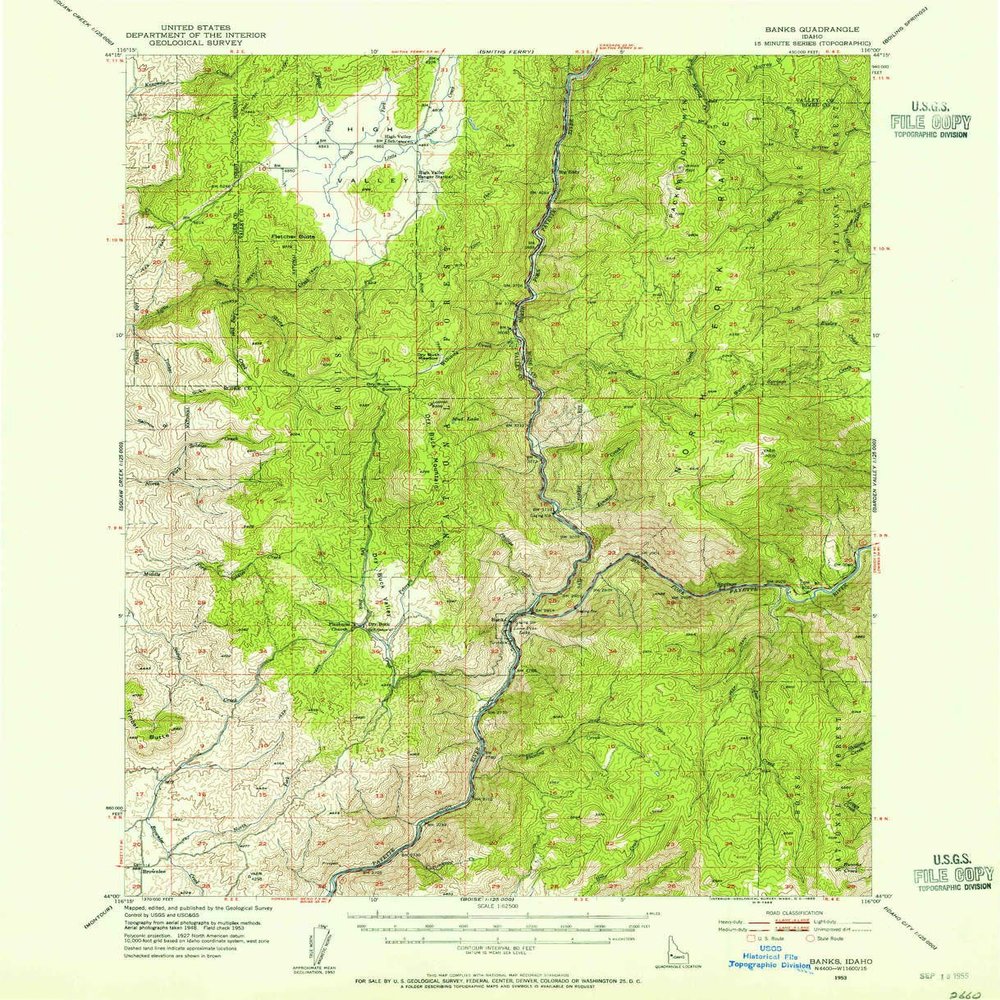 YellowMaps Banks ID topo map, 1:62500 Scale, 15 X 15 Minute, Historical, 1953, Updated 1955, 20.8 x 16.9 in - Tyvek