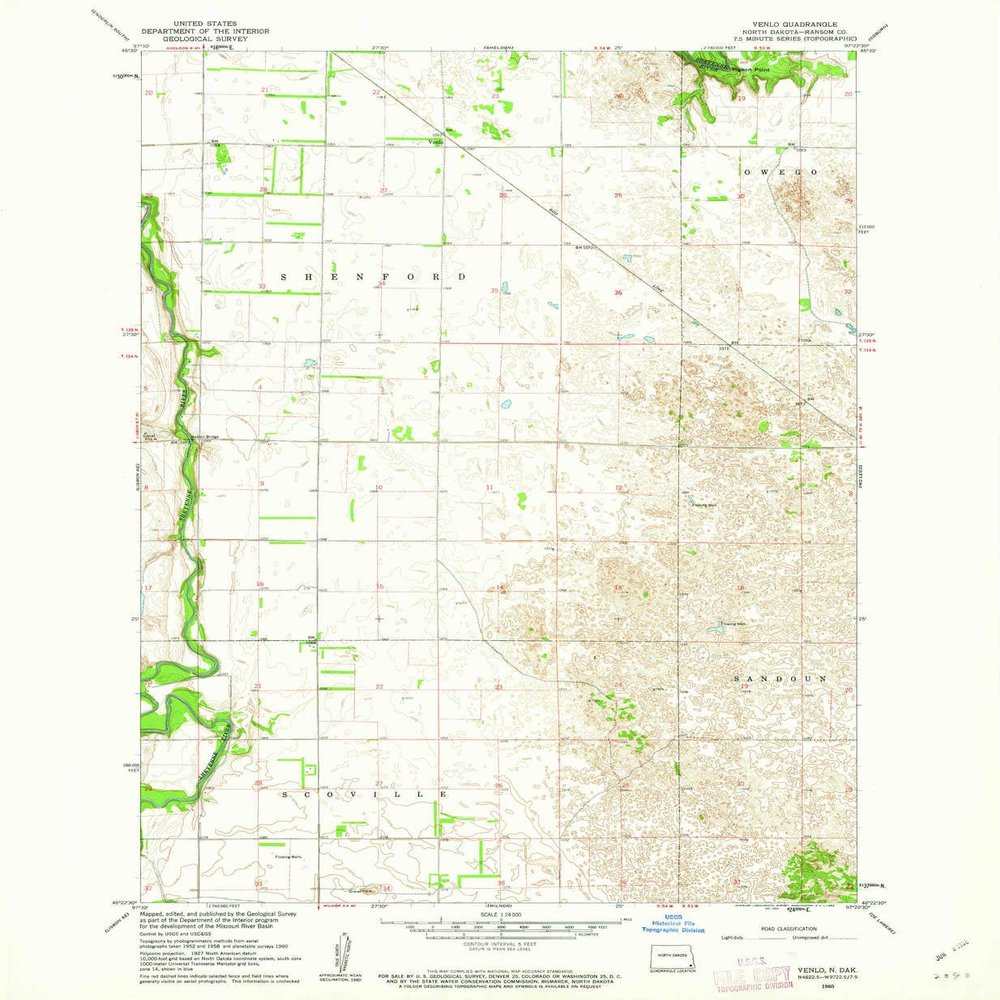 Venlo ND topo map, 1:24000 Scale, 7.5 X 7.5 Minute, Historical, 1960, Updated 1962, 26.8 x 22 in - Tyvek