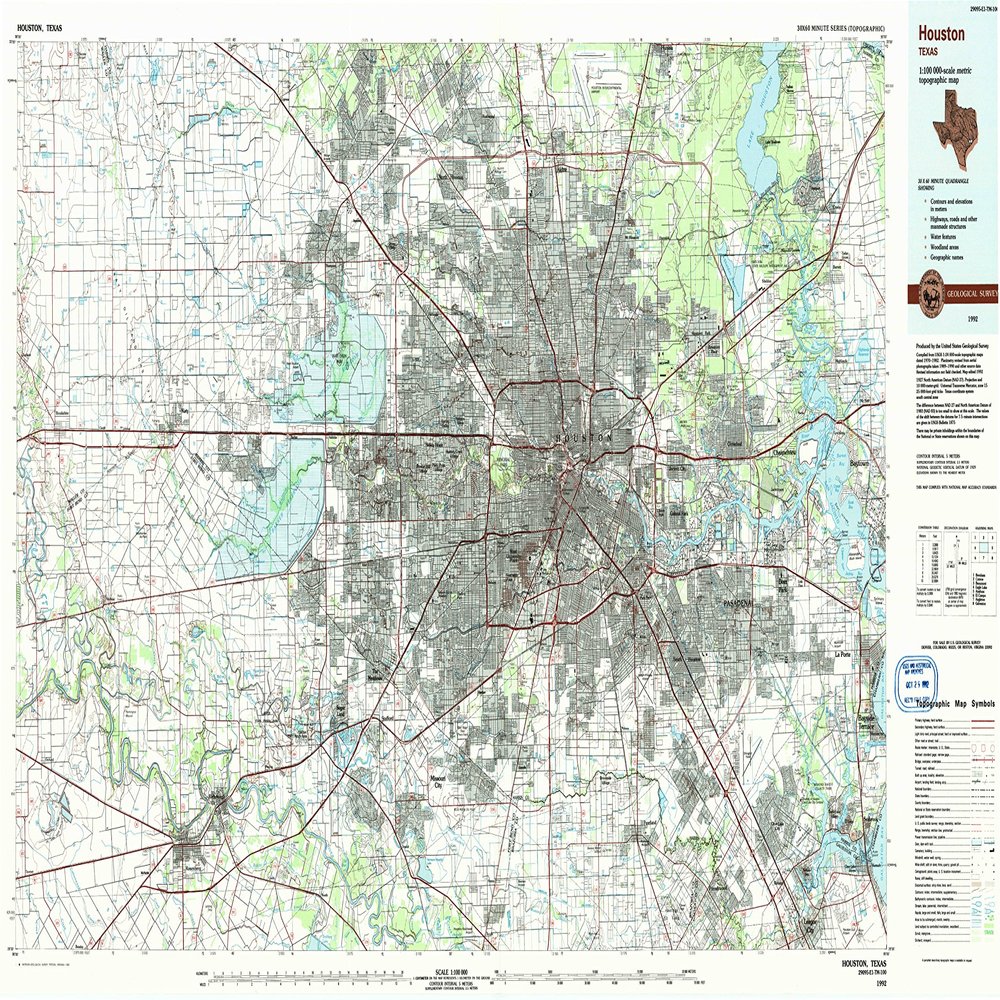 YellowMaps Houston TX topo map, 1:100000 Scale, 30 X 60 Minute, Historical, 1992, Updated 1992, 24 x 43.8 in - Polypropylene