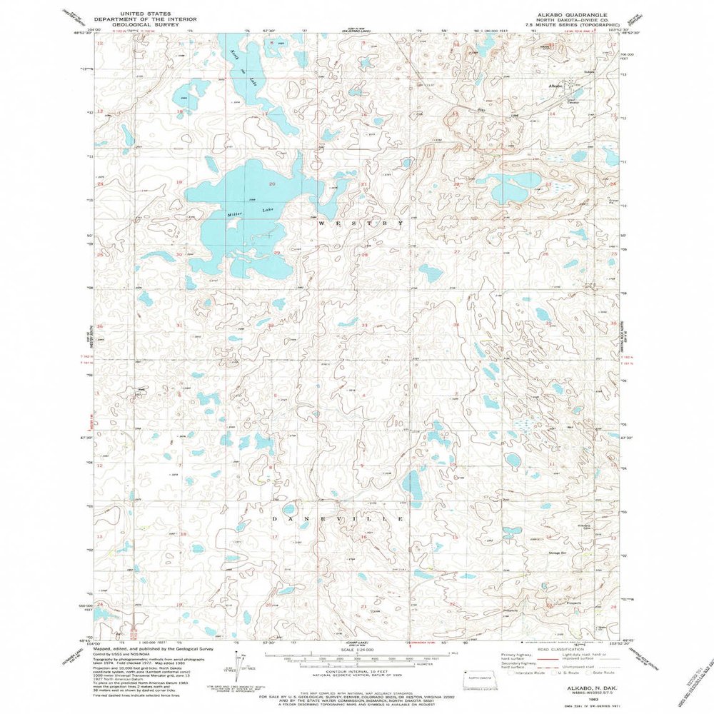 YellowMaps Alkabo ND topo map, 1:24000 Scale, 7.5 X 7.5 Minute, Historical, 1983, Updated 1984, 27.1 x 20.7 in - Polypropylene