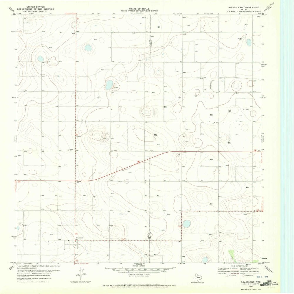 YellowMaps Grassland TX topo map, 1:24000 Scale, 7.5 X 7.5 Minute, Historical, 1970, Updated 1972, 27 x 23 in - Polypropylene