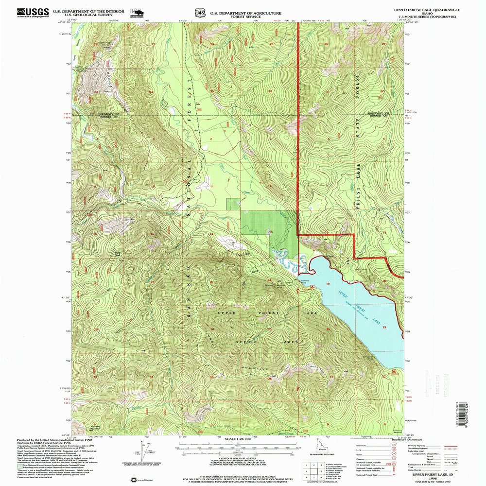 YellowMaps Upper Priest Lake ID topo map, 1:24000 Scale, 7.5 X 7.5 Minute, Historical, 1996, Updated 1999, 26.8 x 22 in - Polypropylene