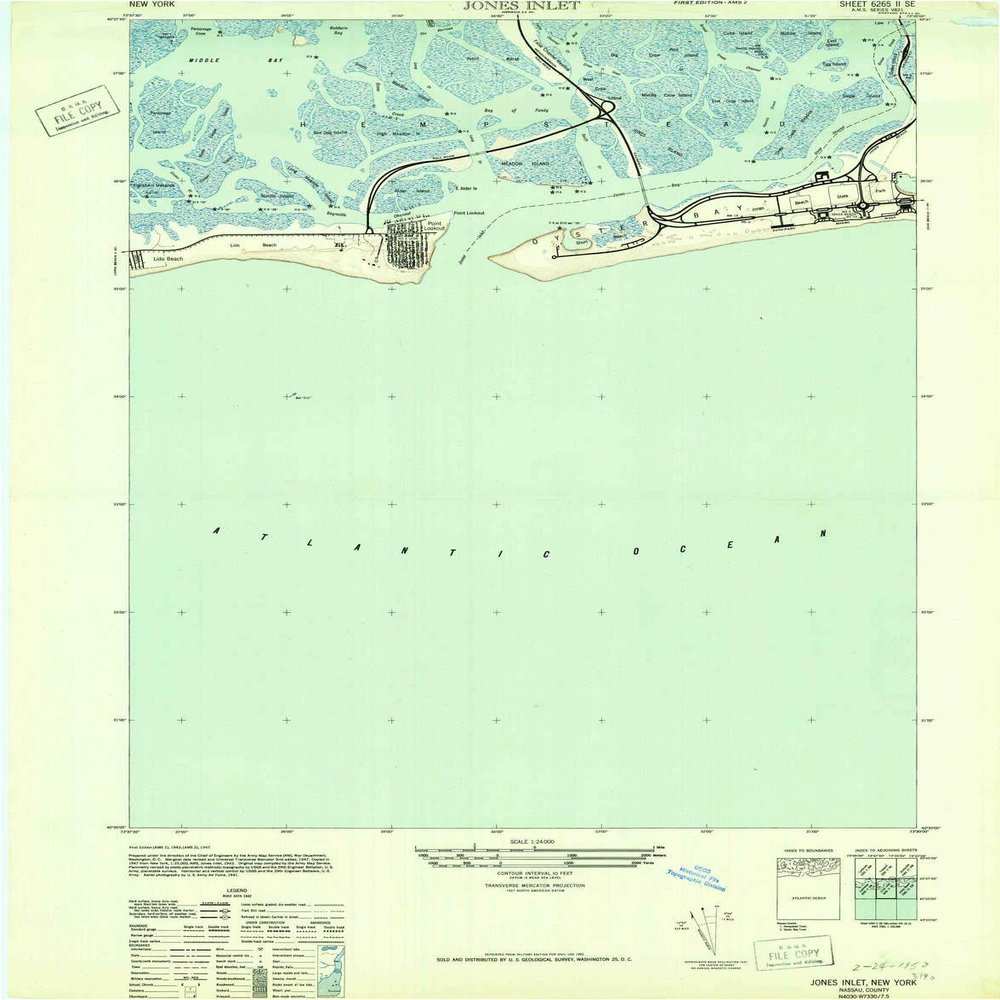 YellowMaps Jones Inlet NY topo map, 1:24000 Scale, 7.5 X 7.5 Minute, Historical, 1947, 28.1 x 22 in - Tyvek