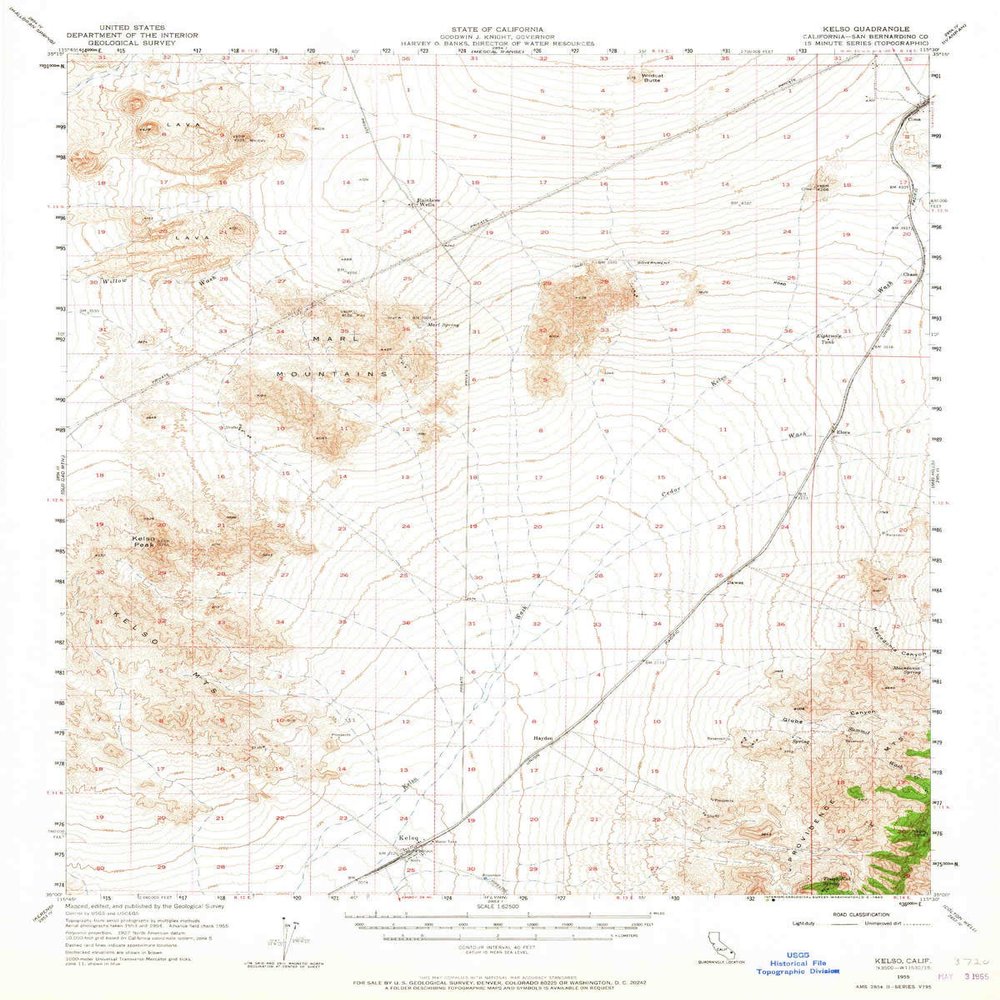 Kelso CA topo map, 1:62500 Scale, 15 X 15 Minute, Historical, 1955, Updated 1965, 20.8 x 16.6 in - Polypropylene