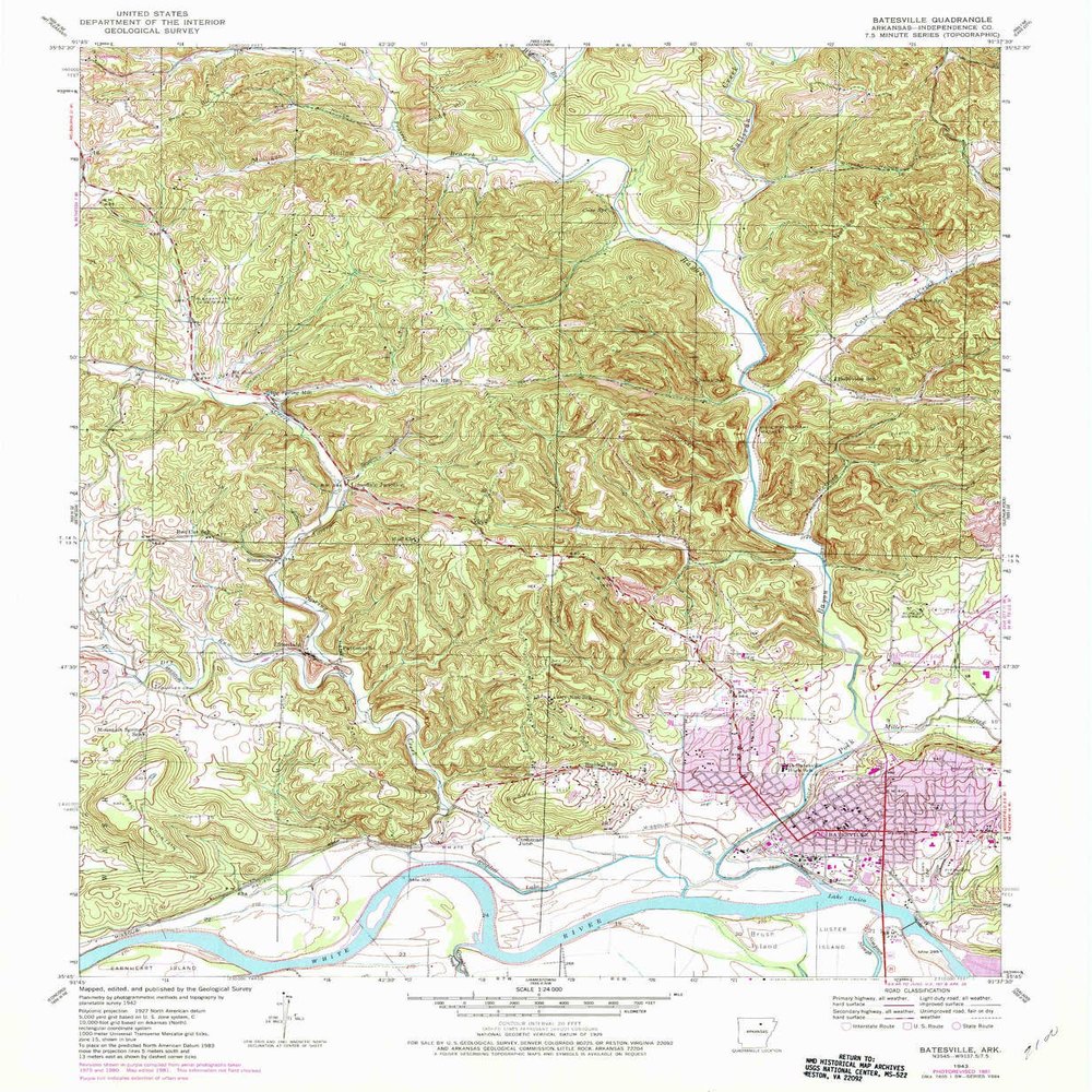 YellowMaps Batesville AR topo map, 1:24000 Scale, 7.5 X 7.5 Minute, Historical, 1943, Updated 1982, 26.7 x 22 in - Tyvek