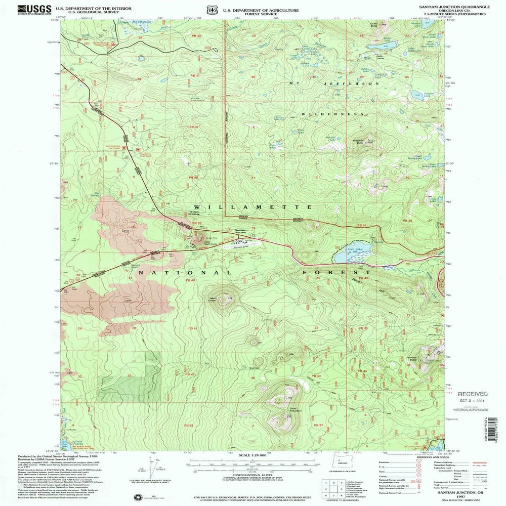YellowMaps Santiam Junction OR topo map, 1:24000 Scale, 7.5 X 7.5 Minute, Historical, 1997, Updated 2001, 26.7 x 21.5 in - Polypropylene