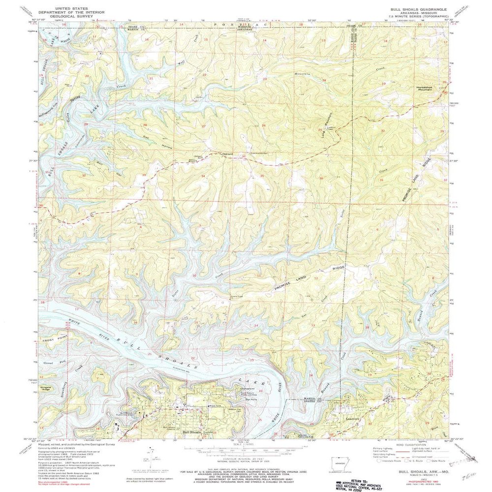 Bull Shoals AR topo map, 1:24000 Scale, 7.5 X 7.5 Minute, Historical, 1972, Updated 1982, 26.8 x 22 in - Polypropylene
