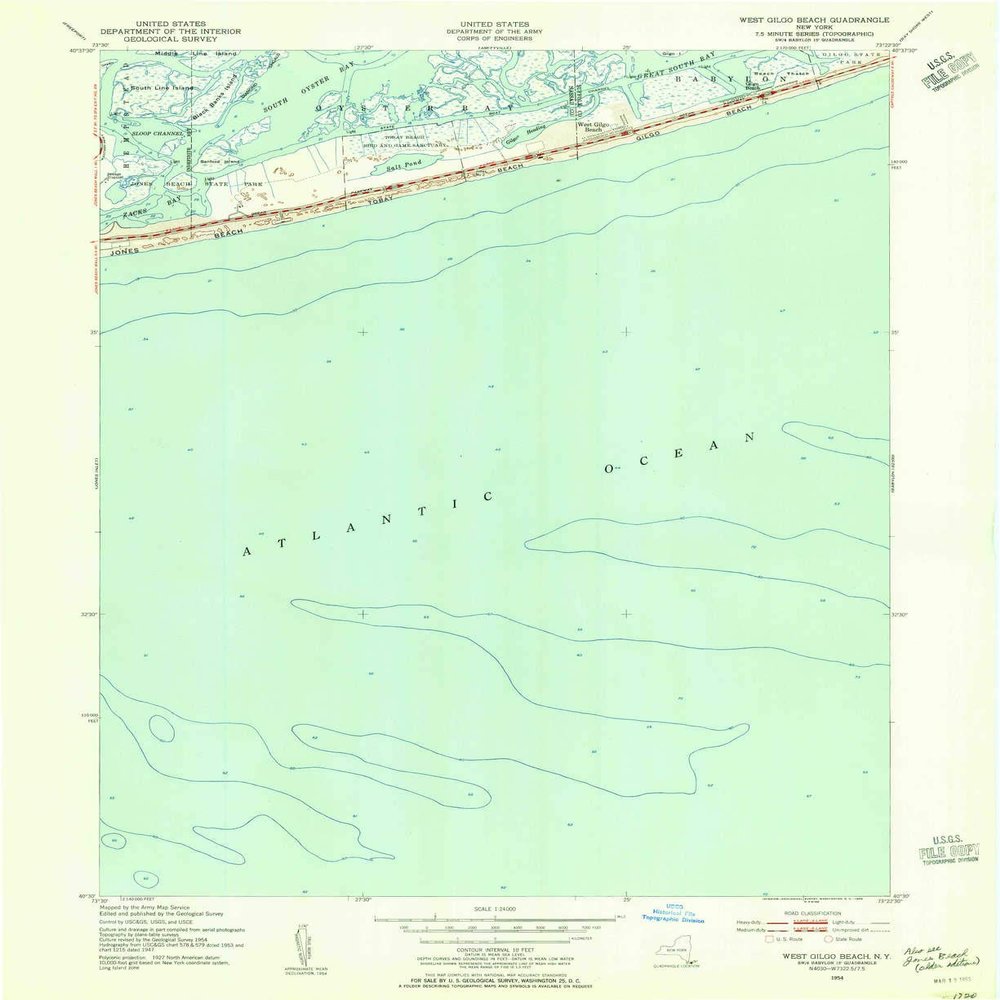 West Gilgo Beach NY topo map, 1:24000 Scale, 7.5 X 7.5 Minute, Historical, 1954, Updated 1965, 26.9 x 21.9 in - Tyvek