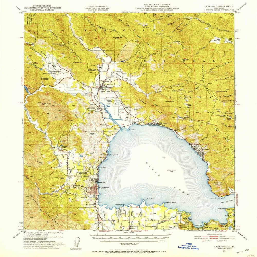 YellowMaps Lakeport CA topo map, 1:62500 Scale, 15 X 15 Minute, Historical, 1951, Updated 1953, 20.7 x 16.6 in - Polypropylene