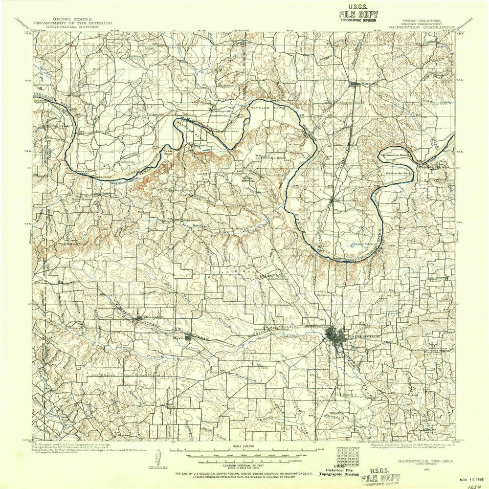 YellowMaps Gainesville TX topo map, 1:125000 Scale, 30 X 30 Minute, Historical, 1902, Updated 1955, 20.9 x 16.9 in - Polypropylene