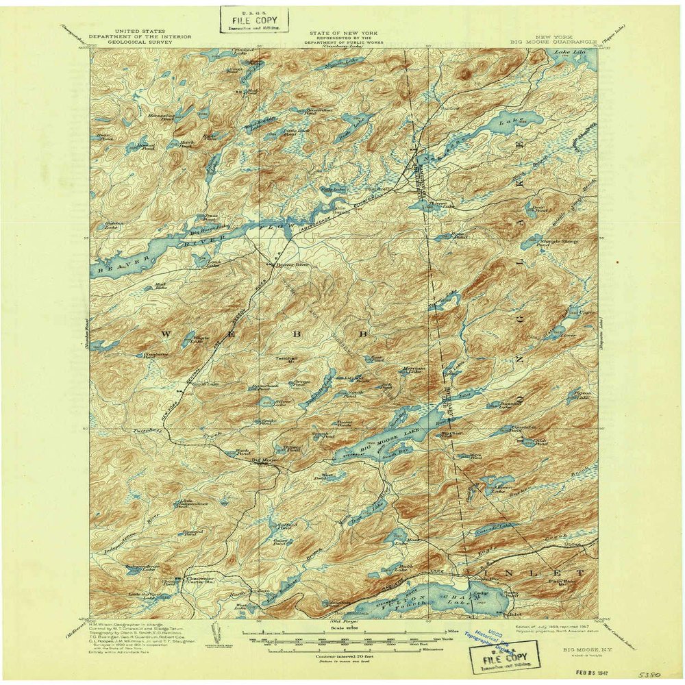 YellowMaps Big Moose NY topo map, 1:62500 Scale, 15 X 15 Minute, Historical, 1903, Updated 1947, 20.9 x 17 in - Polypropylene
