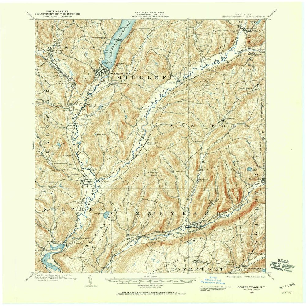 YellowMaps Cooperstown NY topo map, 1:62500 Scale, 15 X 15 Minute, Historical, 1907, Updated 1960, 21 x 17 in - Polypropylene