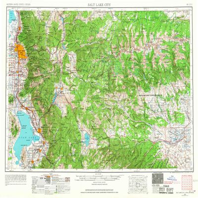 YellowMaps Salt Lake City UT topo map, 1:250000 Scale, 1 X 2 Degree, Historical, 1954, Updated 1967, 22 x 29.1 in - Polypropylene