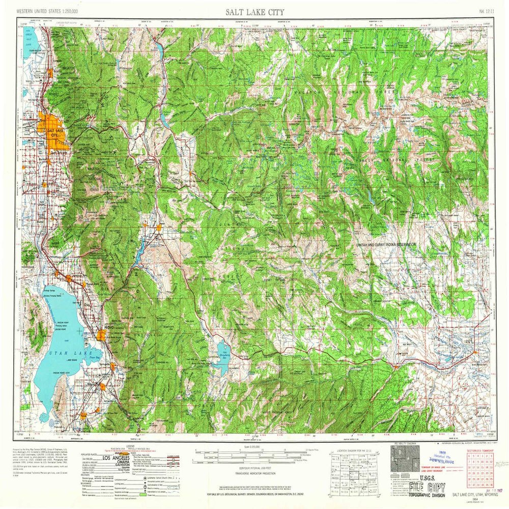 YellowMaps Salt Lake City UT topo map, 1:250000 Scale, 1 X 2 Degree, Historical, 1954, Updated 1967, 22 x 29.1 in - Polypropylene