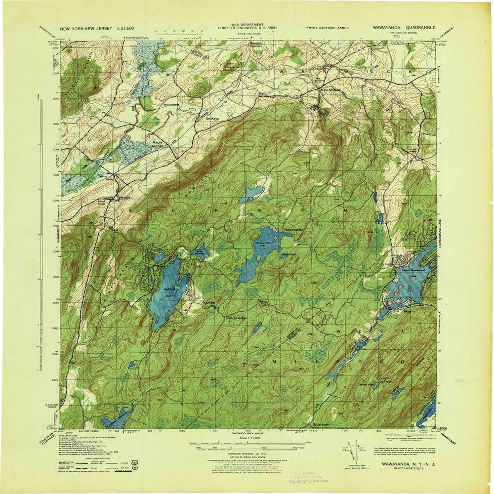 YellowMaps Wawayanda NJ topo map, 1:31680 Scale, 7.5 X 7.5 Minute, Historical, 1943, 21.8 x 17 in - Polypropylene