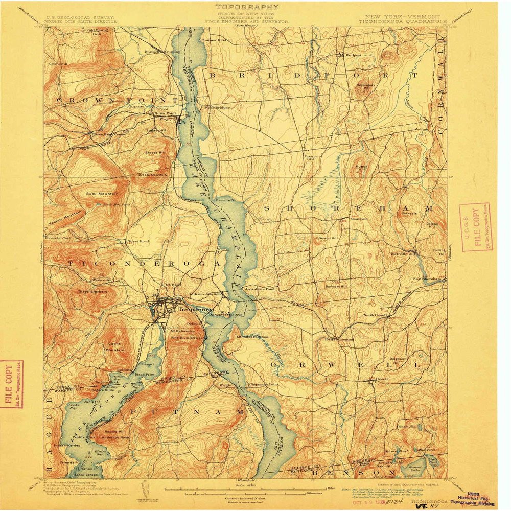 YellowMaps Ticonderoga NY topo map, 1:62500 Scale, 15 X 15 Minute, Historical, 1902, Updated 1912, 19.7 x 16 in - Polypropylene