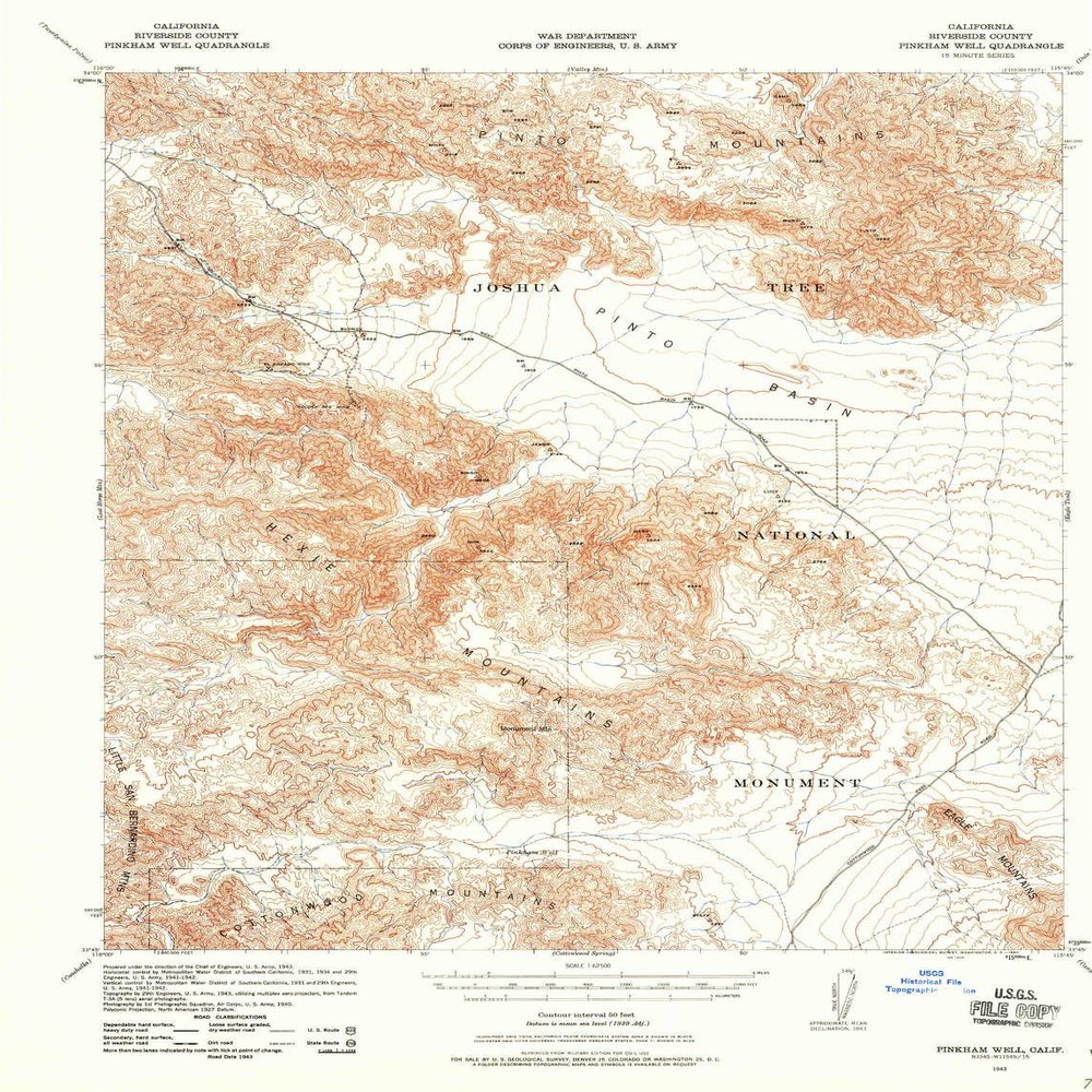 Pinkham Well CA topo map, 1:62500 Scale, 15 X 15 Minute, Historical, 1943, Updated 1960, 21.8 x 16.6 in - Polypropylene