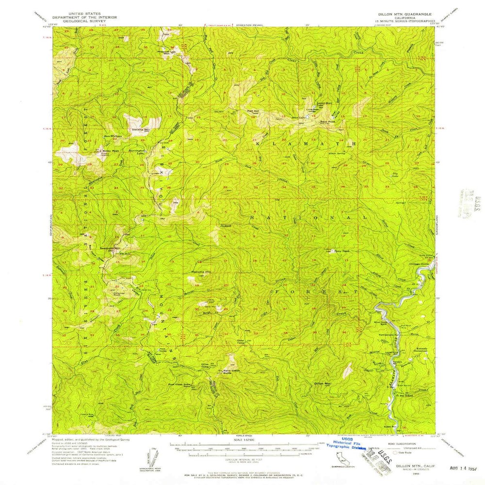 Dillon MTN CA topo map, 1:62500 Scale, 15 X 15 Minute, Historical, 1955, Updated 1957, 20.8 x 16.6 in - Polypropylene