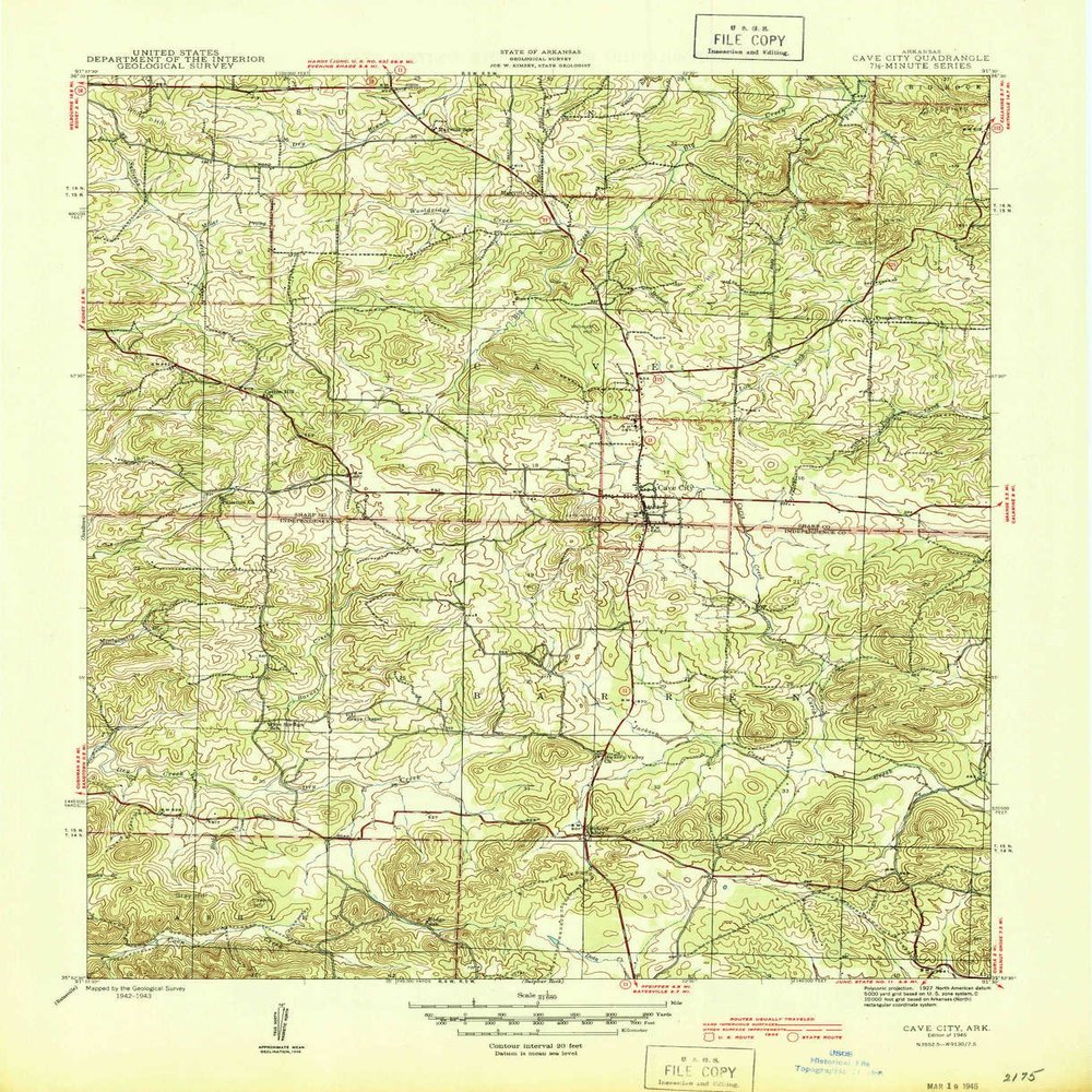 YellowMaps Cave City AR topo map, 1:31680 Scale, 7.5 X 7.5 Minute, Historical, 1943, Updated 1945, 20.8 x 17 in - Polypropylene