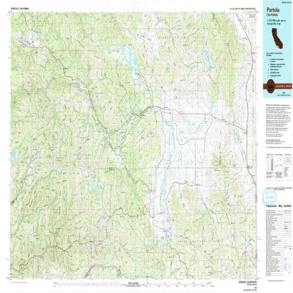 YellowMaps Portola CA topo map, 1:100000 Scale, 30 X 60 Minute, Historical, 1979, Updated 1993, 24.1 x 40.3 in - Polypropylene