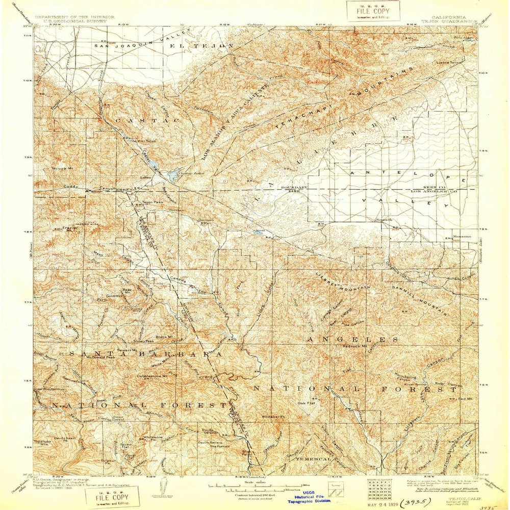 YellowMaps Tejon CA topo map, 1:125000 Scale, 30 X 30 Minute, Historical, 1903, Updated 1929, 19.8 x 16.6 in - Tyvek