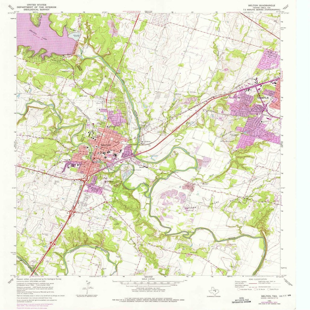 Belton TX topo map, 1:24000 Scale, 7.5 X 7.5 Minute, Historical, 1965, Updated 1975, 26.9 x 23 in - Polypropylene