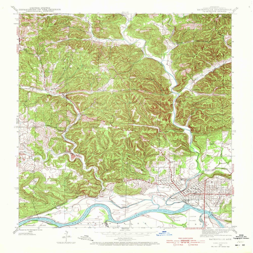 YellowMaps Batesville AR topo map, 1:24000 Scale, 7.5 X 7.5 Minute, Historical, 1943, Updated 1972, 26.9 x 22.1 in - Tyvek