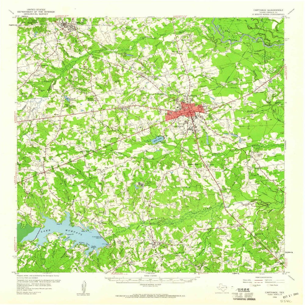 YellowMaps Carthage TX topo map, 1:62500 Scale, 15 X 15 Minute, Historical, 1958, Updated 1960, 20.9 x 17 in - Tyvek
