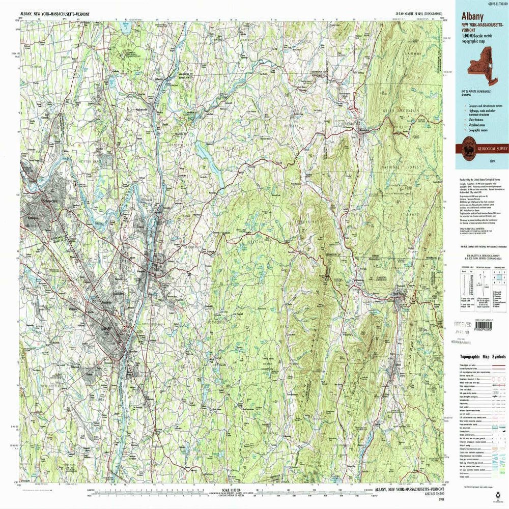 YellowMaps Albany NY topo map, 1:100000 Scale, 30 X 60 Minute, Historical, 1989, Updated 1989, 24.1 x 38.9 in - Polypropylene