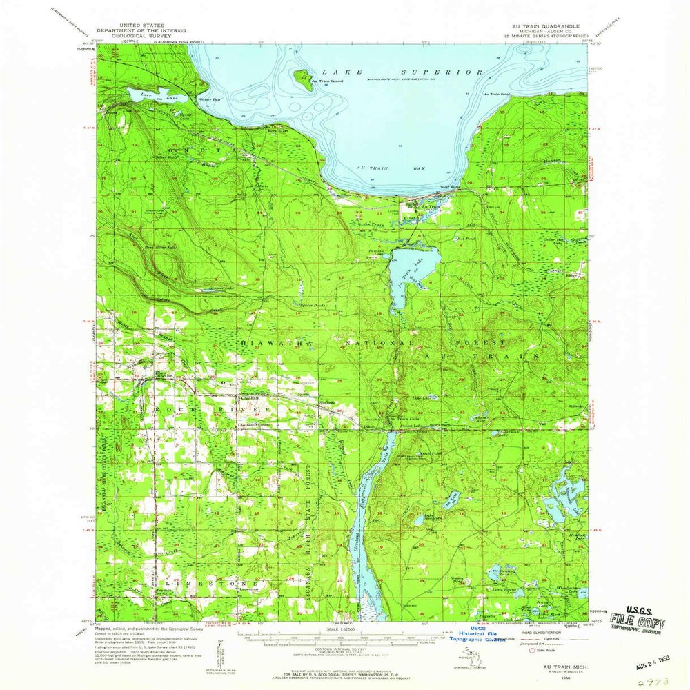 YellowMaps Au Train MI topo map, 1:62500 Scale, 15 X 15 Minute, Historical, 1958, Updated 1959, 20.9 x 17 in - Polypropylene