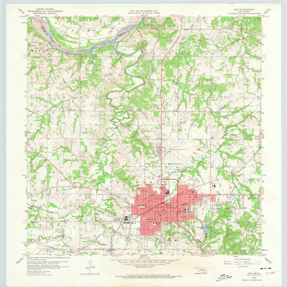 YellowMaps Ada OK topo map, 1:24000 Scale, 7.5 X 7.5 Minute, Historical, 1958, Updated 1974, 27.5 x 23 in - Polypropylene
