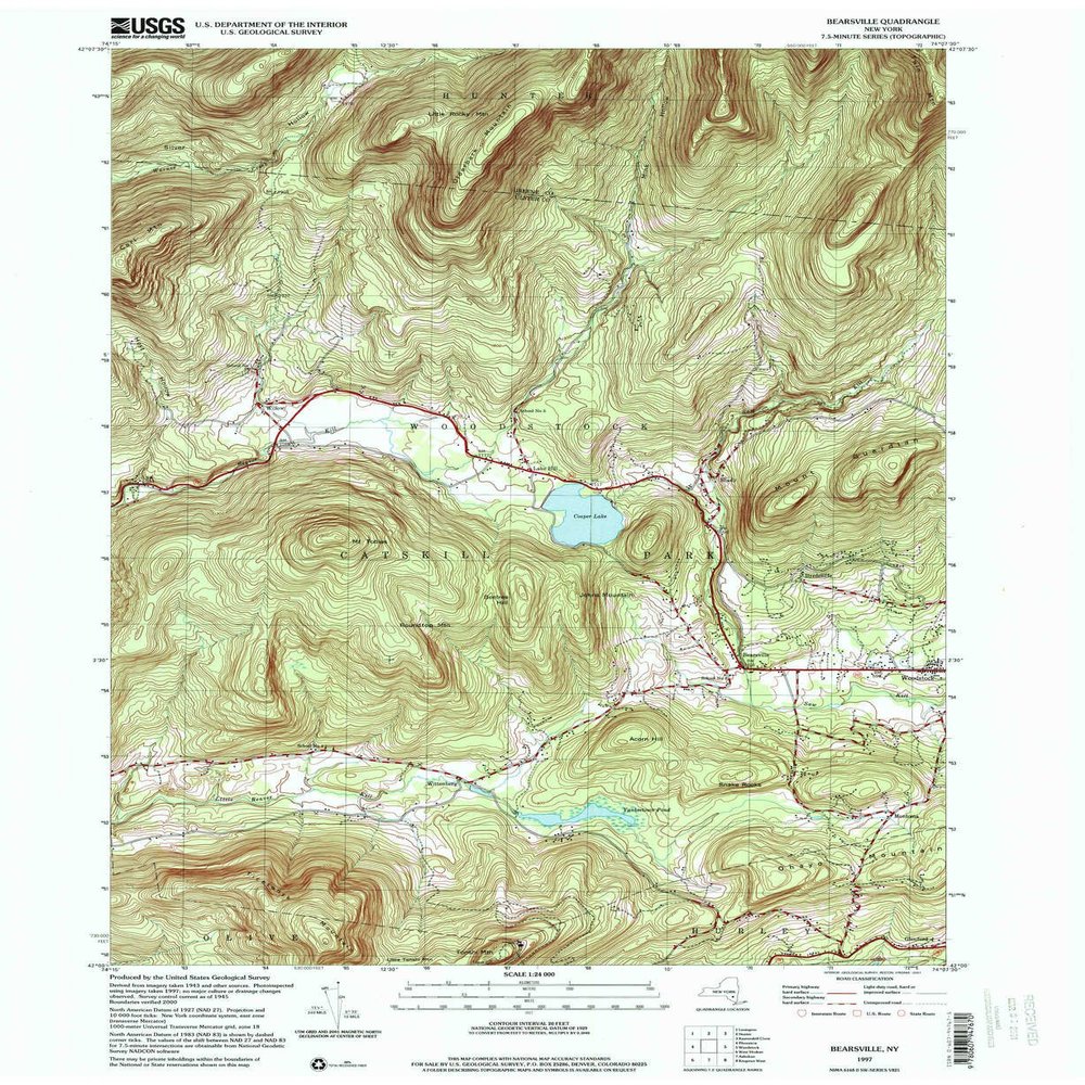 YellowMaps Bearsville NY topo map, 1:24000 Scale, 7.5 X 7.5 Minute, Historical, 1997, Updated 2001, 26.9 x 22 in - Polypropylene